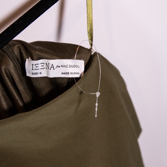 Ieena Mac Duggal Jersey knit Stretch One Shoulder Ruched Cocktail Dress Olive 6 - Picture 2 of 5